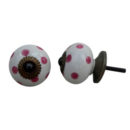 White Pink Dot Ceramic Drawer Knob