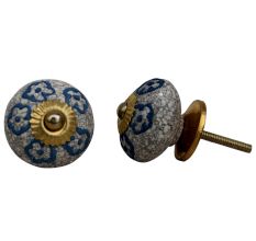 Slate Blue Floral Crackle Ceramic Dresser Knob