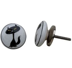 Black Cat White Ceramic Knob