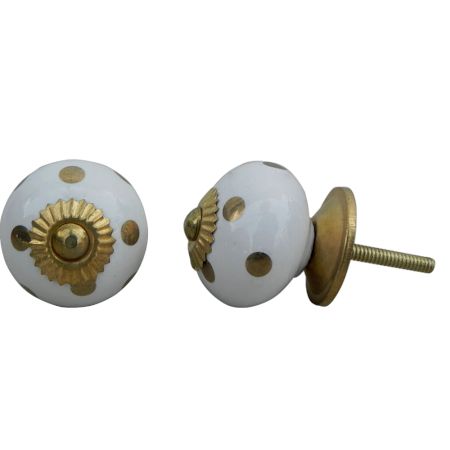 White Golden Dotted Ceramic Drawer Knob