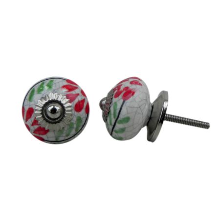 White Red Floral Crackle Ceramic Cabinet Knob