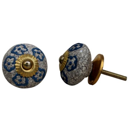 Slate Blue Floral Crackle Ceramic Dresser Knob
