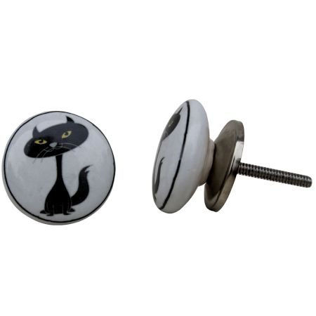 Black Cat White Ceramic Knob