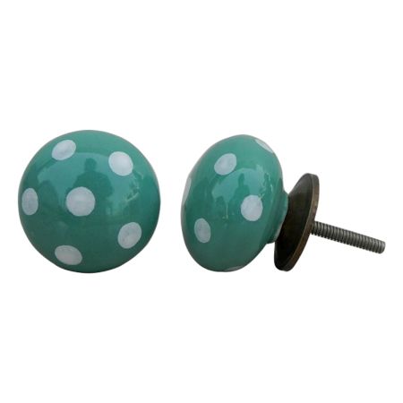 Sea Green White Polka Dotted Ceramic Knob
