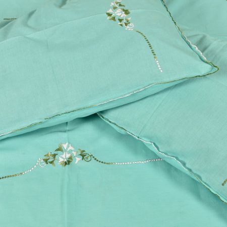 Blue Handmade Double Bed Sheet Linen with Floral Design Beautiful Decorative Stylish