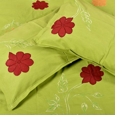 Green Handmade Bed Sheet Linen with Red & Orange Floral Design Beautiful Decorative Stylish