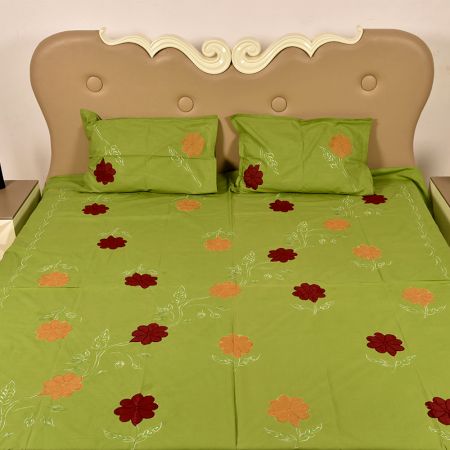 Green Handmade Bed Sheet Linen with Red & Orange Floral Design Beautiful Decorative Stylish