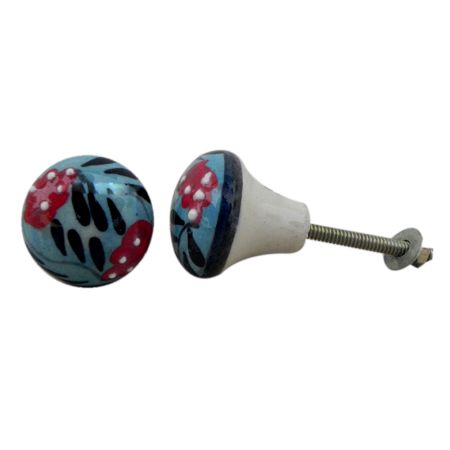 Blue Red Floral Black Leafy Bulb Knob