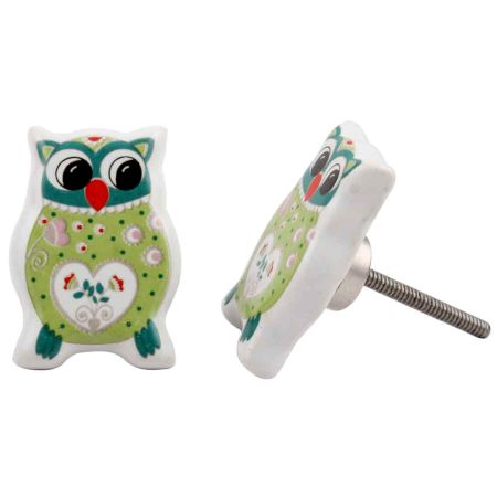 Green Owl Flat Ceramic Knob