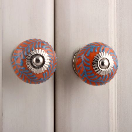 Turquoise Orange Leaf Drawer Knob