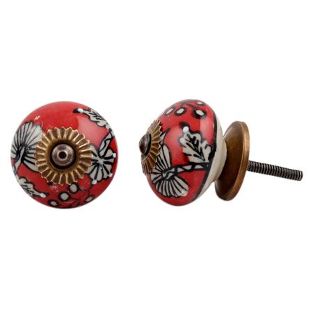 Red Leaf Floral Ceramic Knob