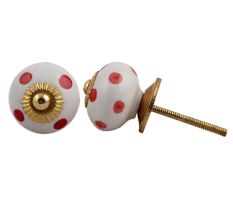 White Red Polka Dotted Ceramic Dresser Knob