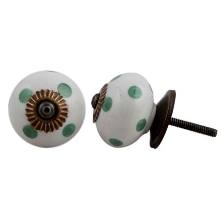 White Green Polka Dot Ceramic Cabinet Knob