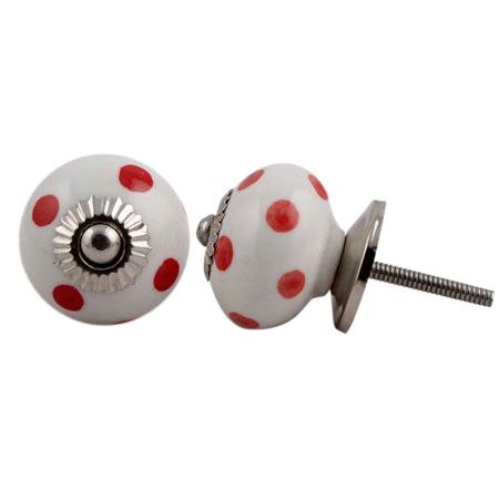 White Red Polka Dotted Ceramic Dresser Knob