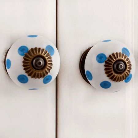 White Blue Polka Dots Ceramic Drawer Knob