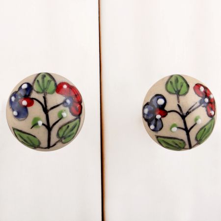 Cream Red Blue Floral Ceramic Knob