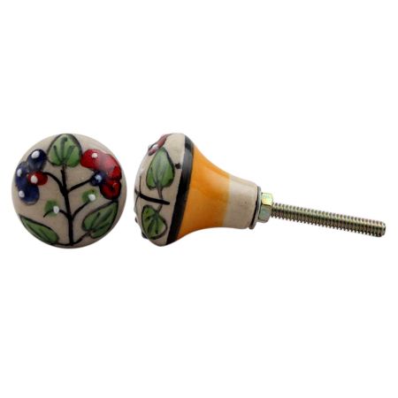 Cream Red Blue Floral Ceramic Knob