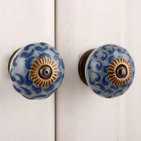 Grey Blue Floral Ceramic Knob