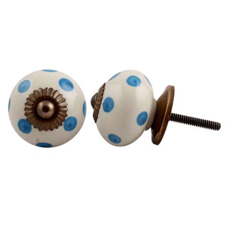 Cream Blue Polka Ceramic Handmade Knob
