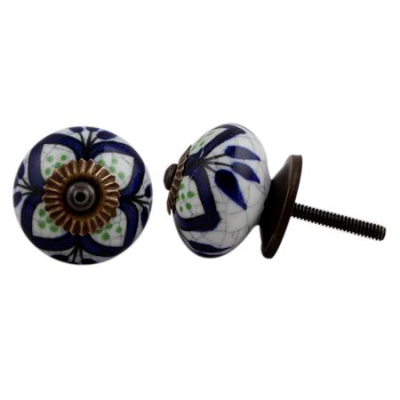 Navy Blue Flower Crackle Ceramic Drawer Knob
