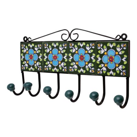 Green Floral Ceramic Tiles Hooks-474 (Set Of Ine Piece)