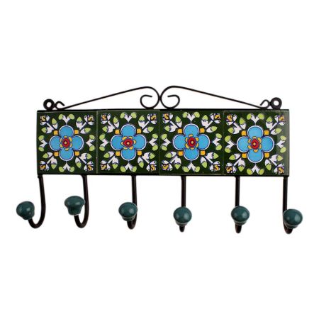 Green Floral Ceramic Tiles Hooks-474 (Set Of Ine Piece)