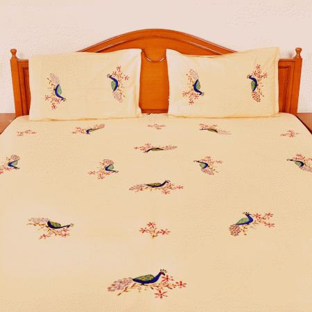 Cream Bed Linen With Peacock Design(Set of 1 Piece)