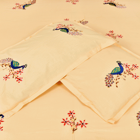 Cream Bed Linen With Peacock Design(Set of 1 Piece)