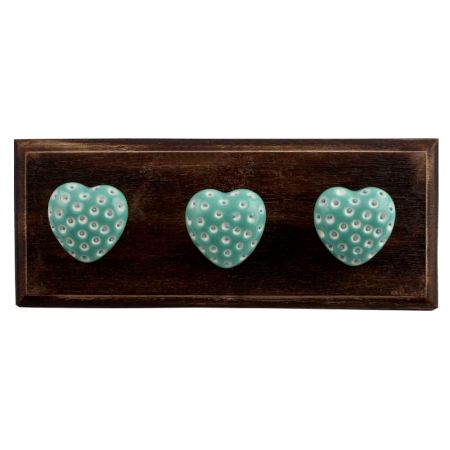 Sea Green Heart Etched Ceramic Wooden Hooks