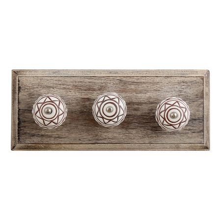 Brown Etched Ceramic Floral Wooden Hooks