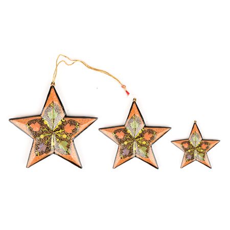 3 Peach Colored Handcrafted Christmas Star Ornaments With Flower Motifs