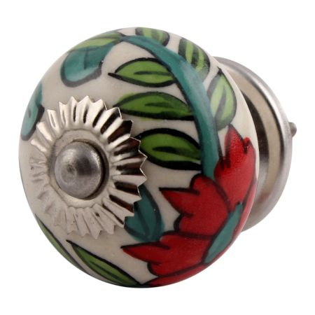 White Leafy Floral Ceramic Knob