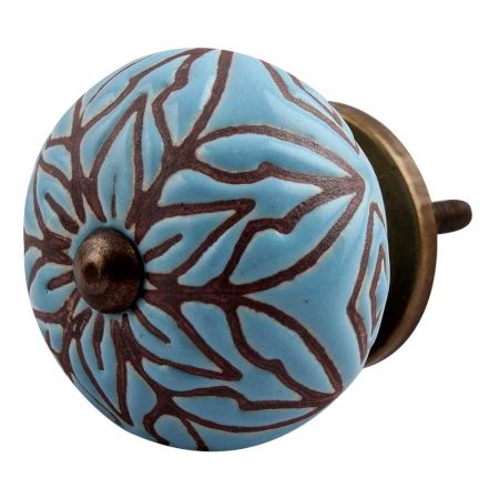 Turquoise Amarylis Floral Etched Ceramic Drawer Knob