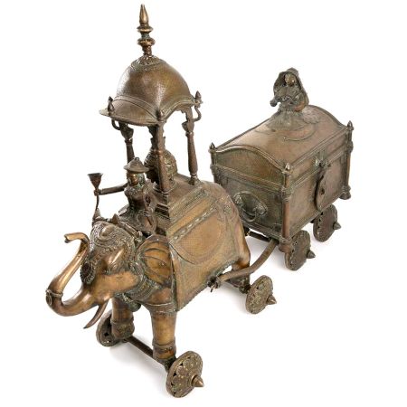 Original Vintage Brass Elephant Cart, Collectible Chariot Home Decor with Bronze Box or Chest