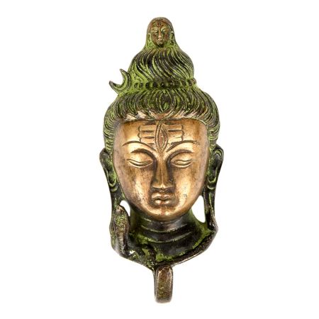 Green Brass Statue and Wall Hooks of Lord Shiva Face Sculpture