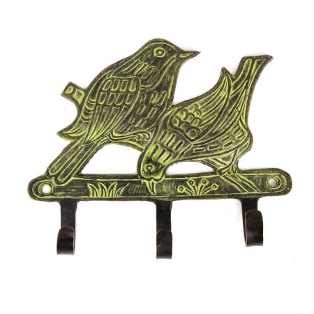 Green Bronze Metal Wall Hooks with Perching Birds