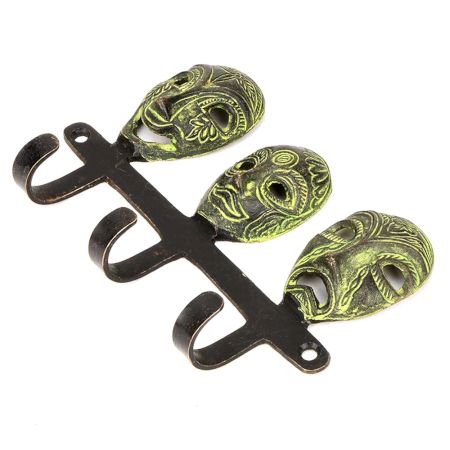 Three Bronze Small Tribal Masks with Wall Hooks Patina Finish