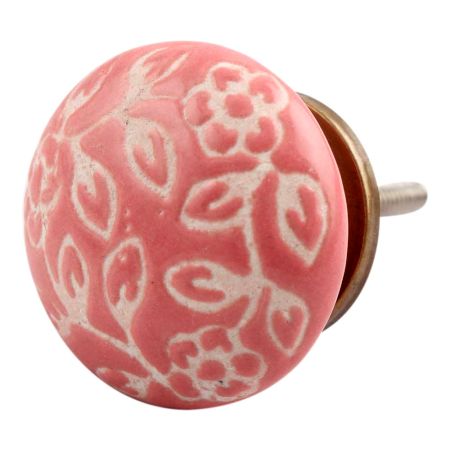 Old Pink Etched Flat Ceramic Cabinet Knob