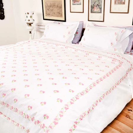 White Cotton Duvet Cover With Pink Floral Hand Embroidery +2 Pillow Covers.