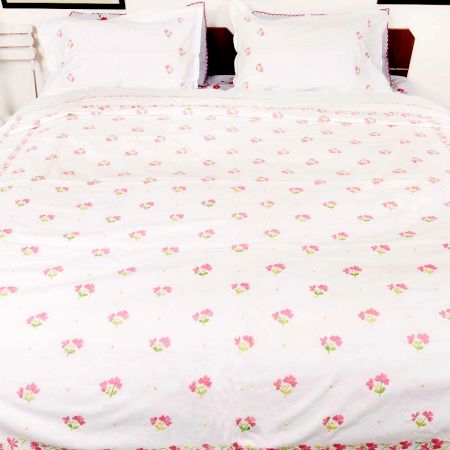 White Cotton Duvet Cover With Pink Floral Hand Embroidery +2 Pillow Covers.