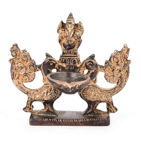 Brass Lamp of Two Peacock Holding Lord Ganesh At Centre