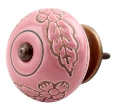 Pink Leaf Flower Etched Ceramic Drawer Knob