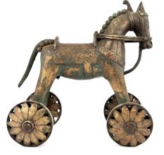 India Brass Temple Toy Horse on Wheels