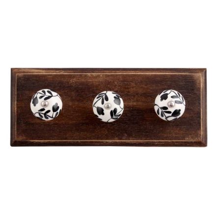 Black Leaf Flower Ceramic Wooden Hooks