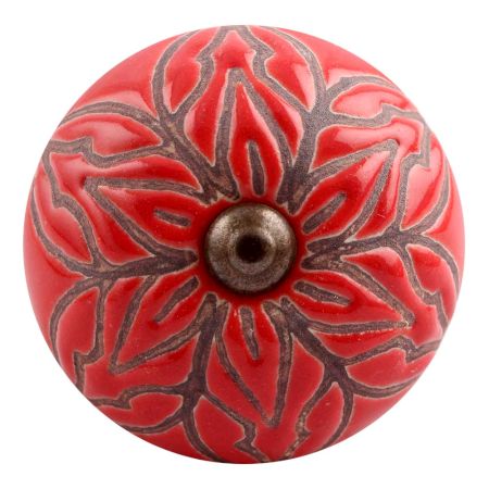 Red Amarylis Floral Etched Ceramic Drawer Knob