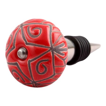 Red Etched Ceramic Floral Wine Stopper (Set of one piece)