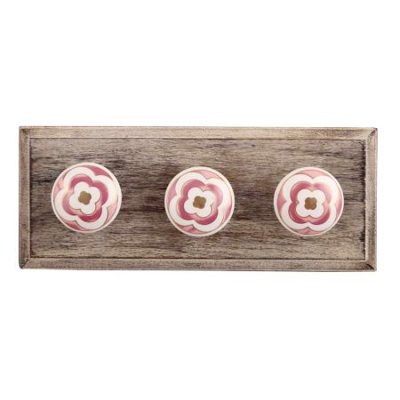 Pink Floral Ceramic Wooden Hooks