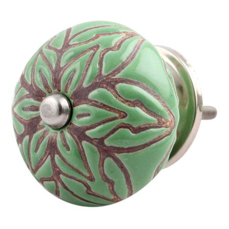 Pea Green Amarylis Floral Etched Ceramic Drawer Knob