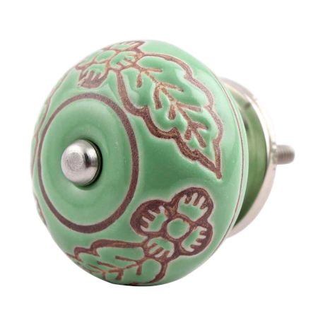 Pea Green Leaf Flower Etched Ceramic Drawer Knob