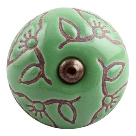 Pea Green Calla Lily Brown Etched Ceramic Cabinet Knob